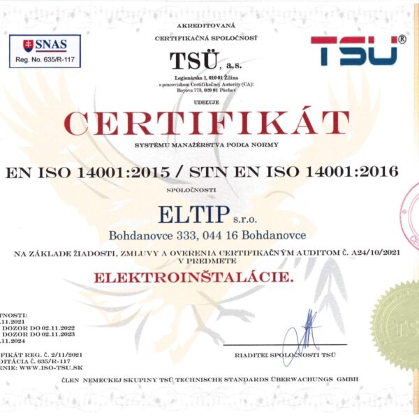 Certifikat ISO 14001 ELTIP s.r.o. 1ok