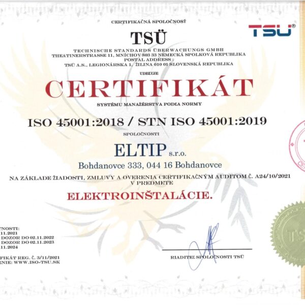 Certifikat ISO 45001 ELTIP s.r.o. 1ok