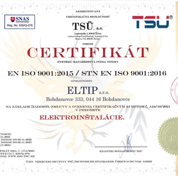Certifikat ISO 9001 ELTIP s.r.o. 1ok